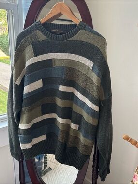 Men's 90s earth tones 3D knit Striped Crewneck Sweater